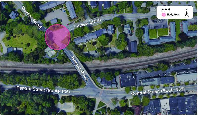 Figure 4 - Study Area Proximity to Intersection of Central Street (Route 136)
and Weston Road. Map of the study area and its location north of Weston Road’s Central Street intersection.
Figure 4 - Study Area Proximity to Intersection of Central Street (Route 136)
and Weston Road. Map of the study area and its location north of Weston Road’s Central Street intersection.